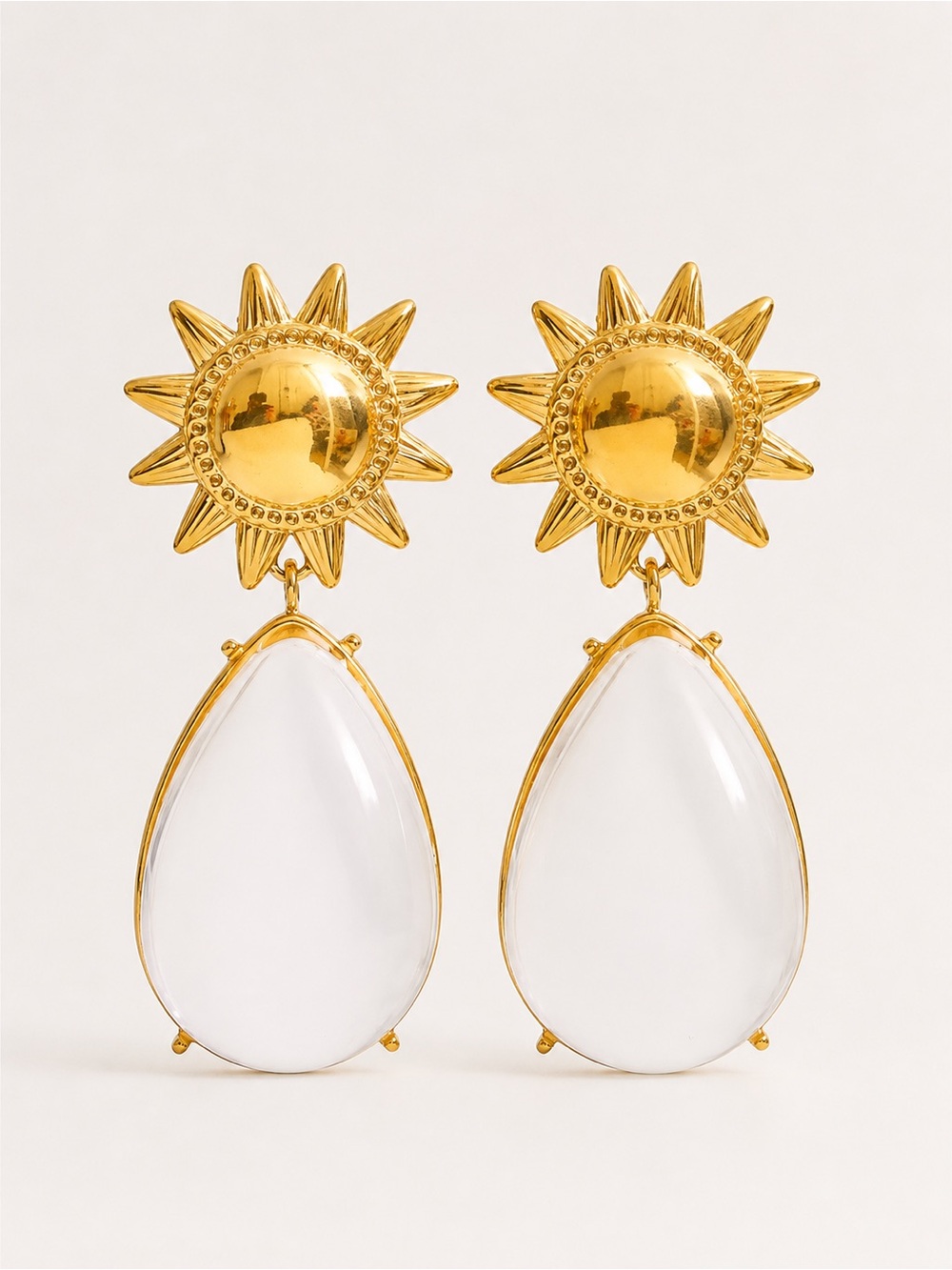 Golden Sunburst Clear Teardrop Earrings